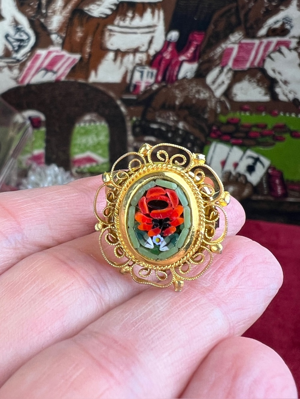 Vintage Remix: Micro Mosaic Red Poppies Adjustable Ring, Gold Tone Floral